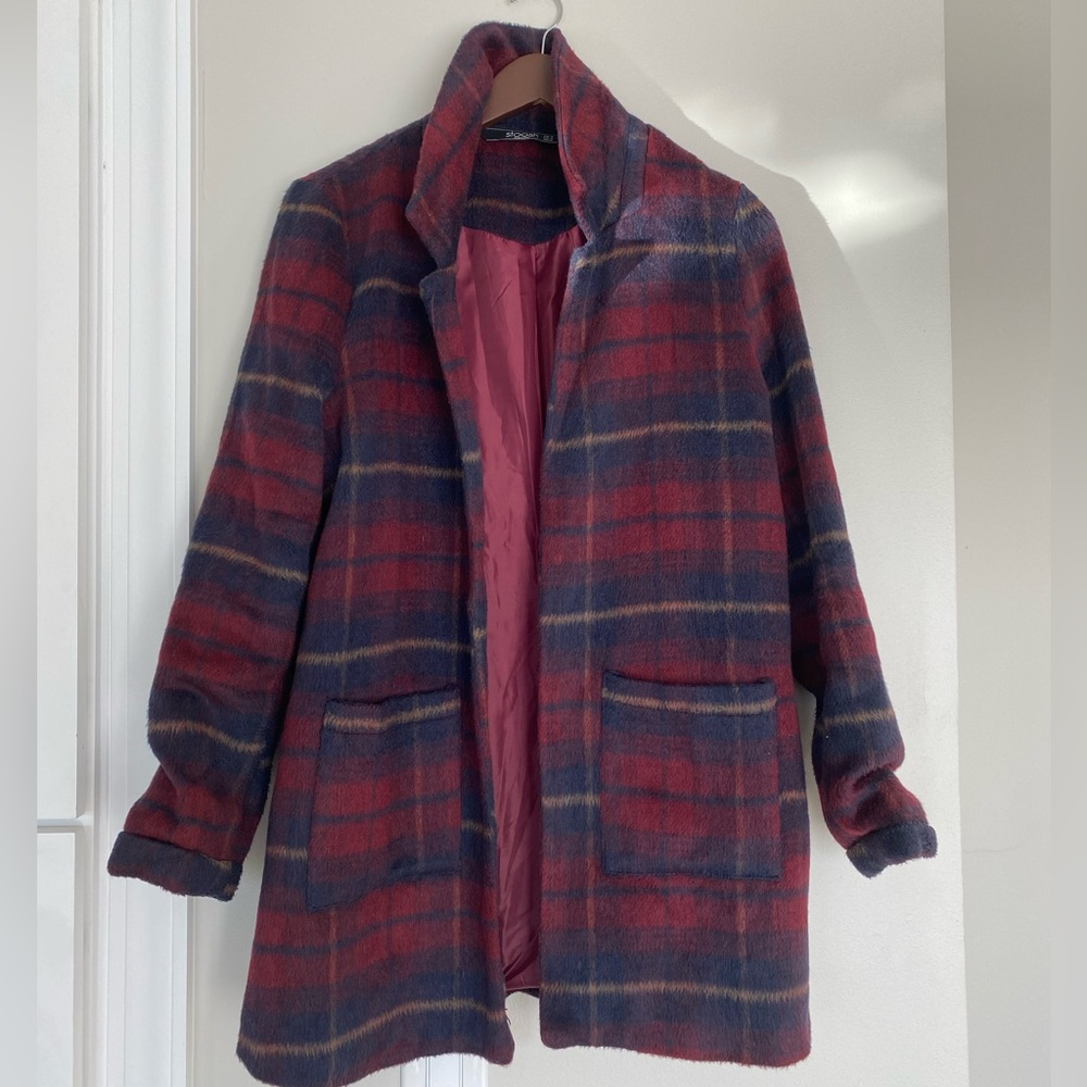 Maroon Plaid Midi Shacket Blazer
